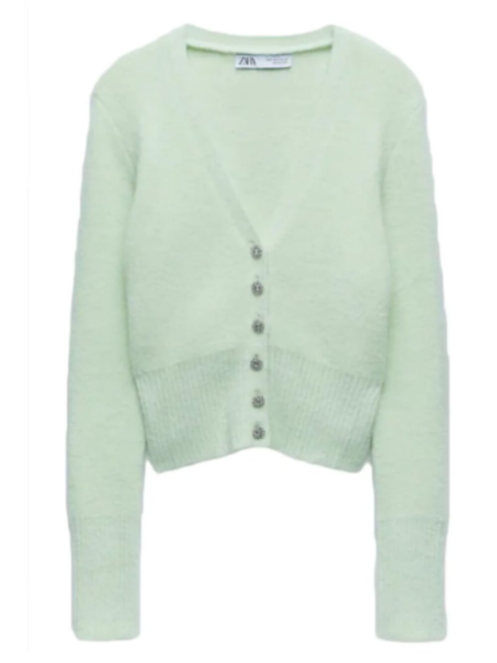 Zara Soft Knit Mint Green Cardigan Rhinestone Buttons Size Large